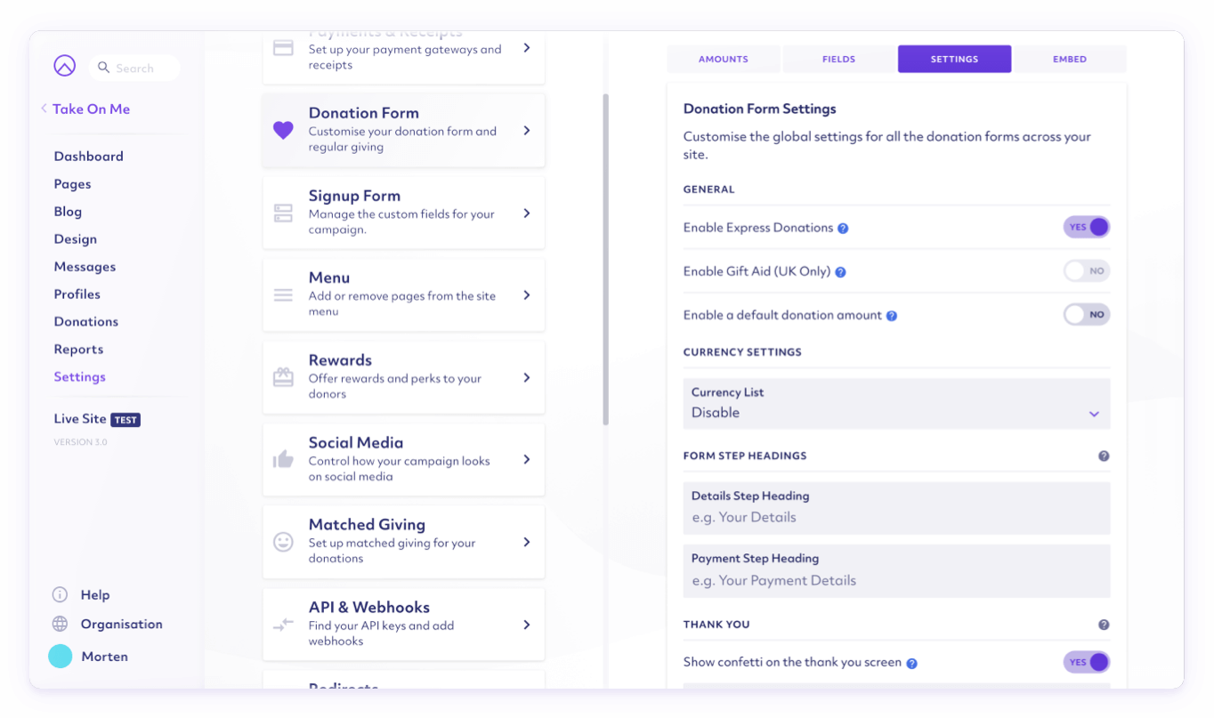 Express Donations settings.