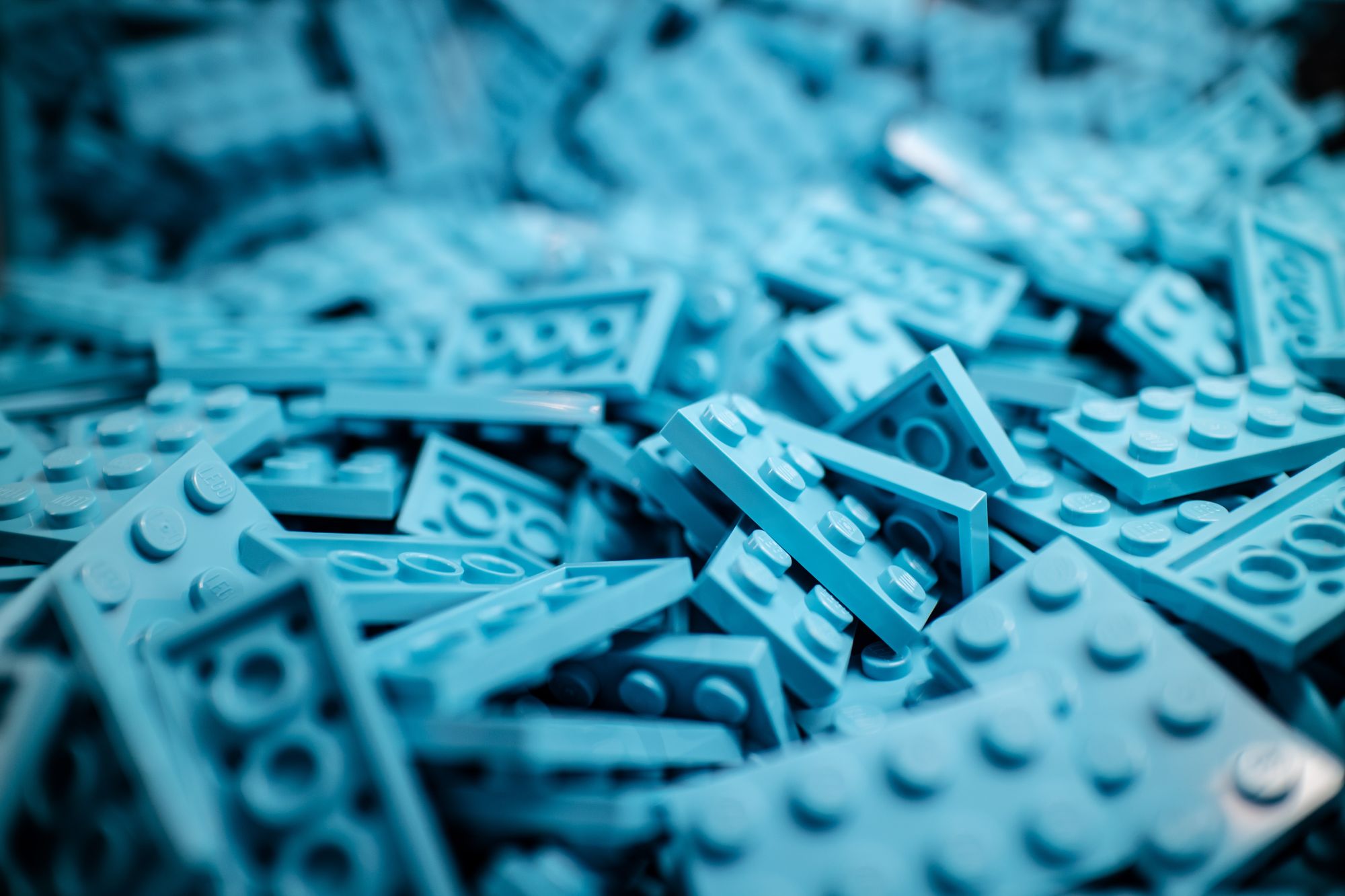 Stock photo of blue lego pieces.