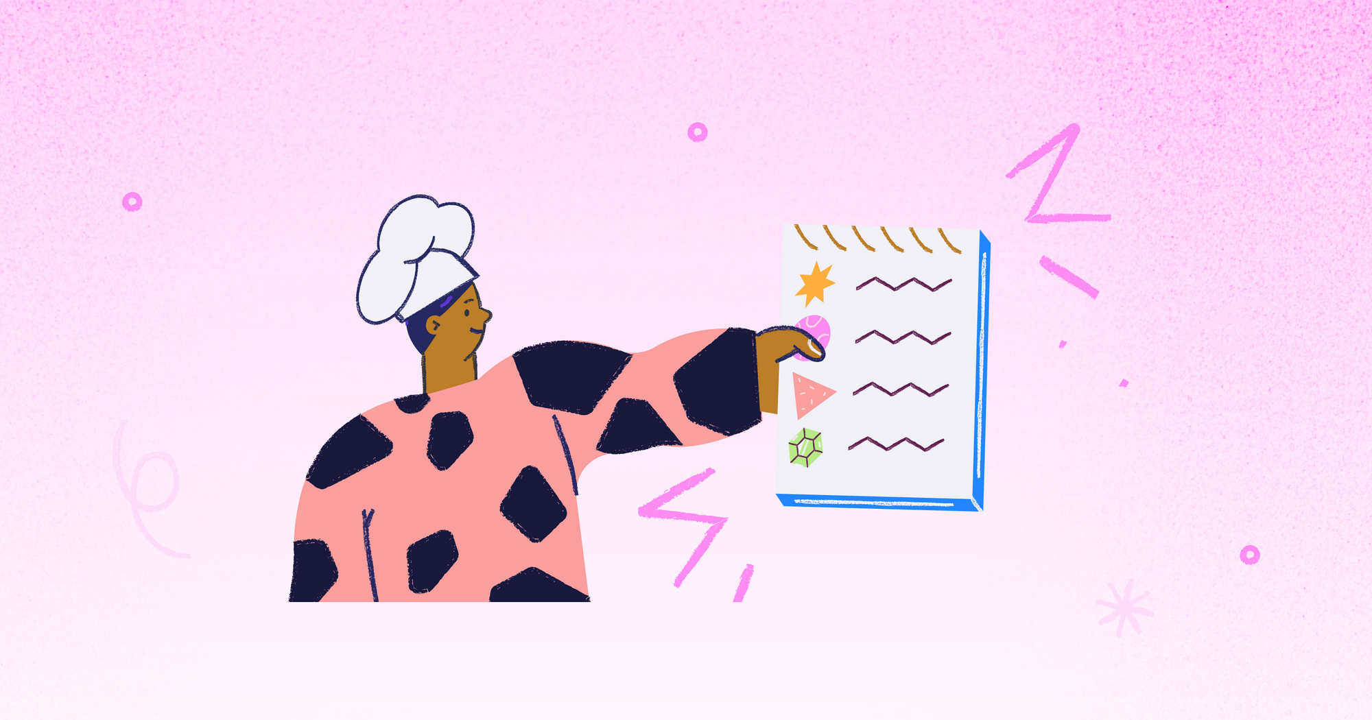 Illustration of a chef with an ingredients list.