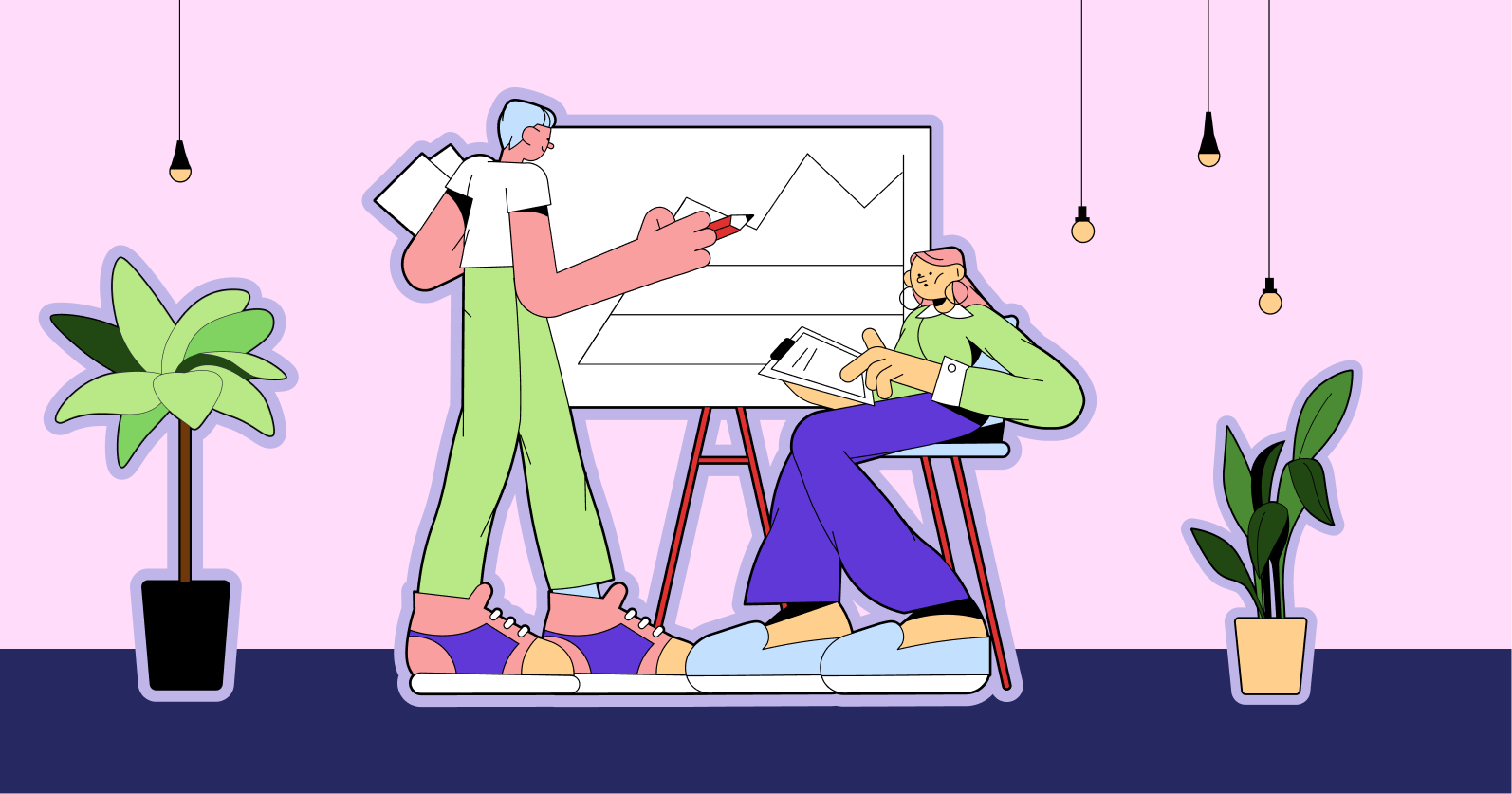 Illustration of people having a meeting and writing on a whiteboard.