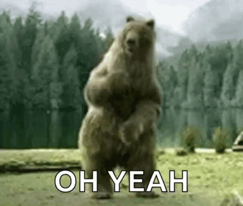 GIF of a bear dancing saying "oh-yeah".