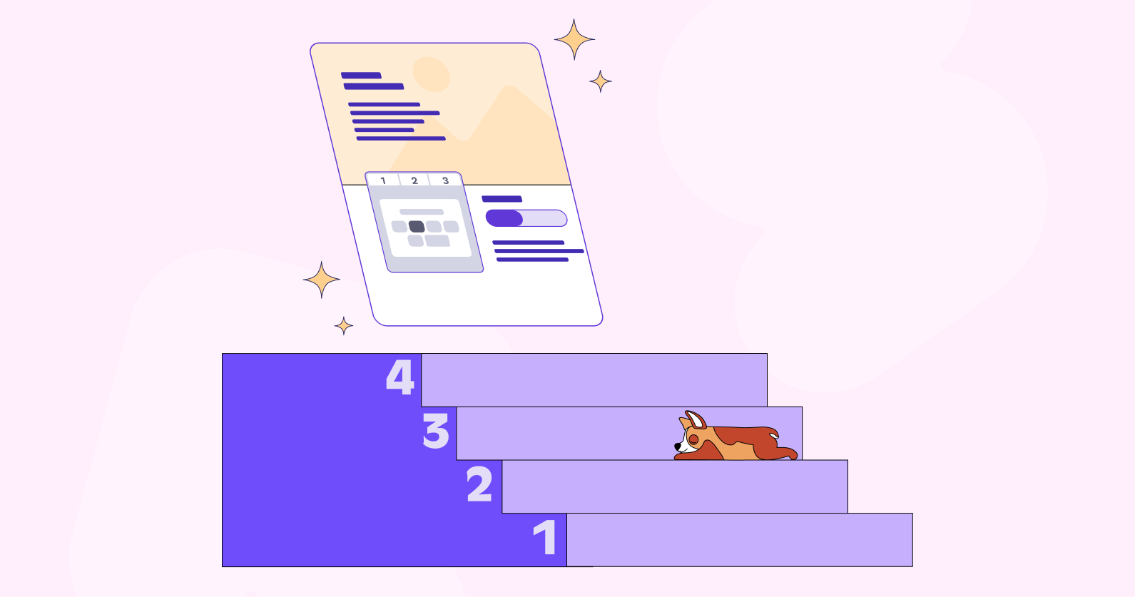 Illustration of 4 steps with an appeal page at the top of the stair case and a cute dog half-way up.