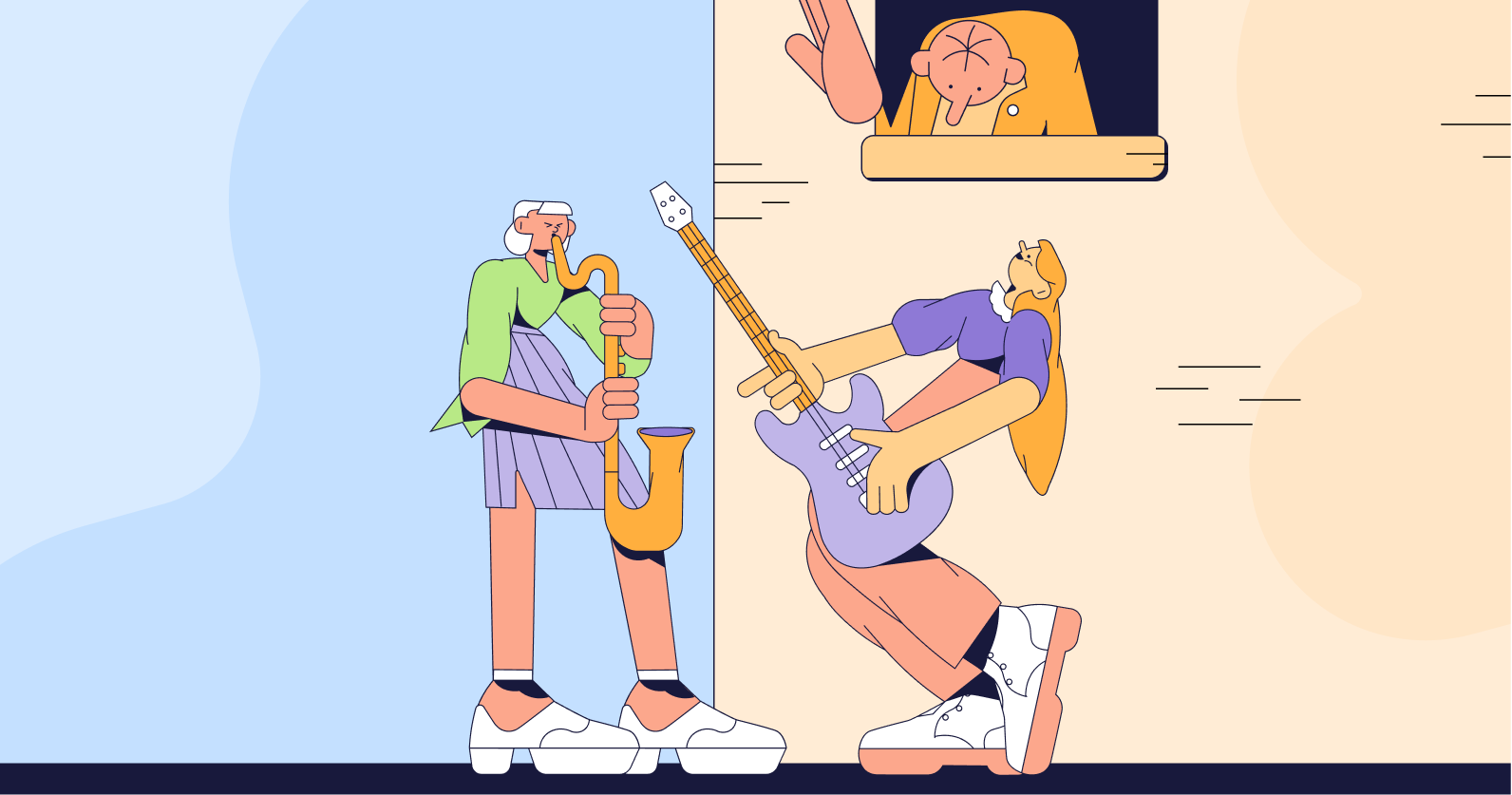 Illustration of people in a street playing a guitar and a saxophone, with another person looking out a window.