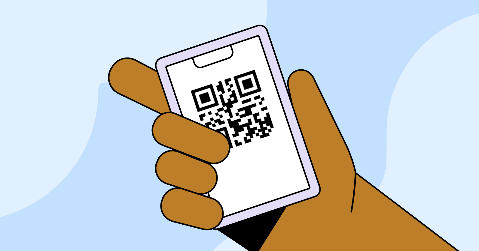 Illustration of a person's hand holding a phone with a QR code.