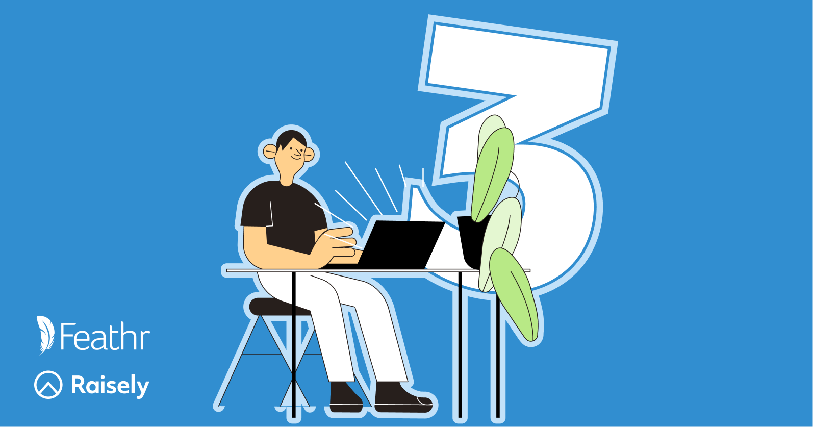 Illustration of a person at a desk with a laptop and the big number 3 behind them.