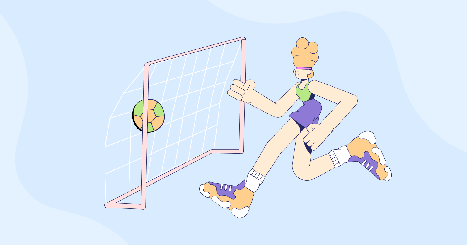 Illustration of a person kicking a soccer ball into the goal.