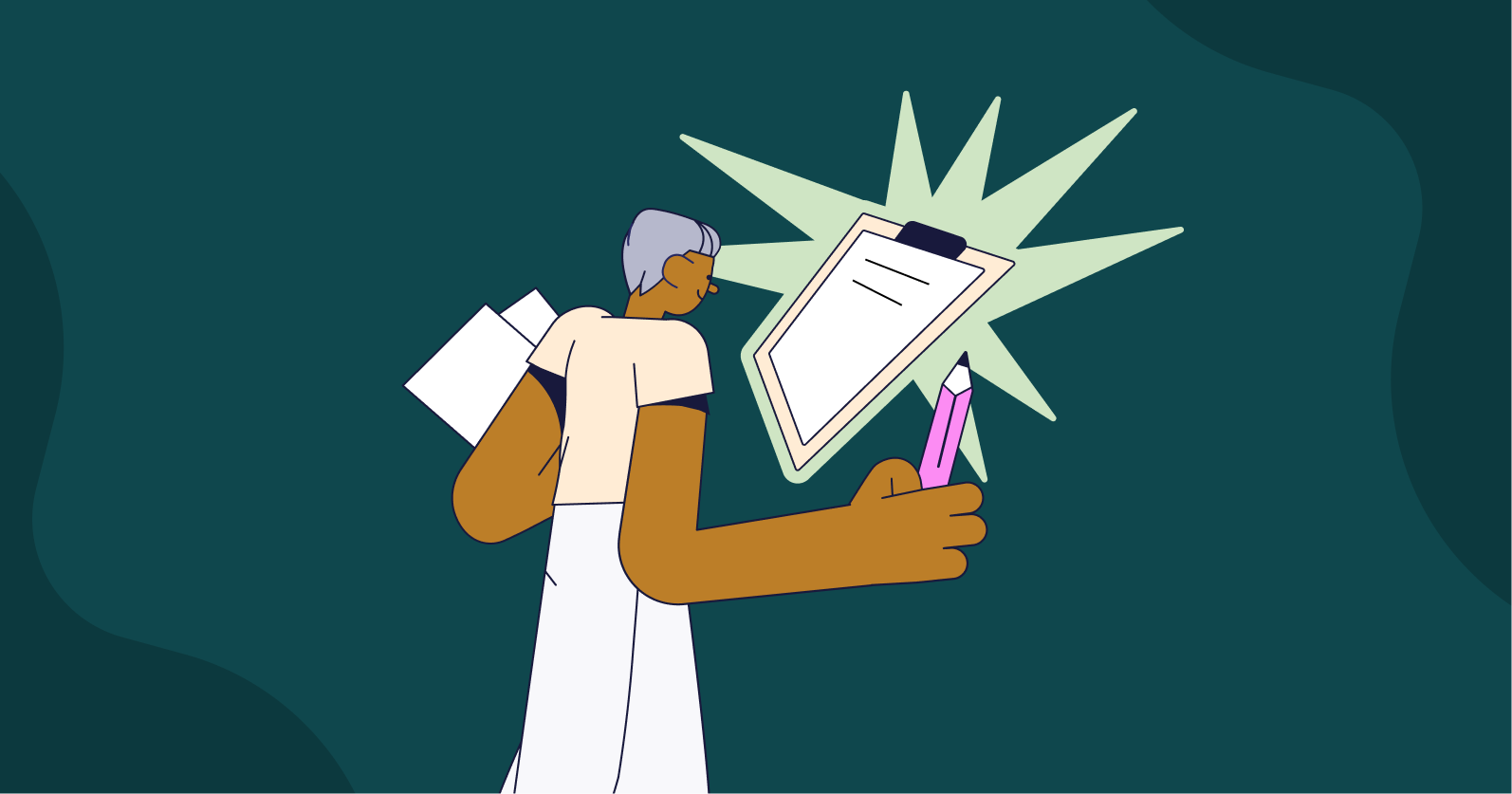 Illustration of a person with a clipboard and holding a pencil.