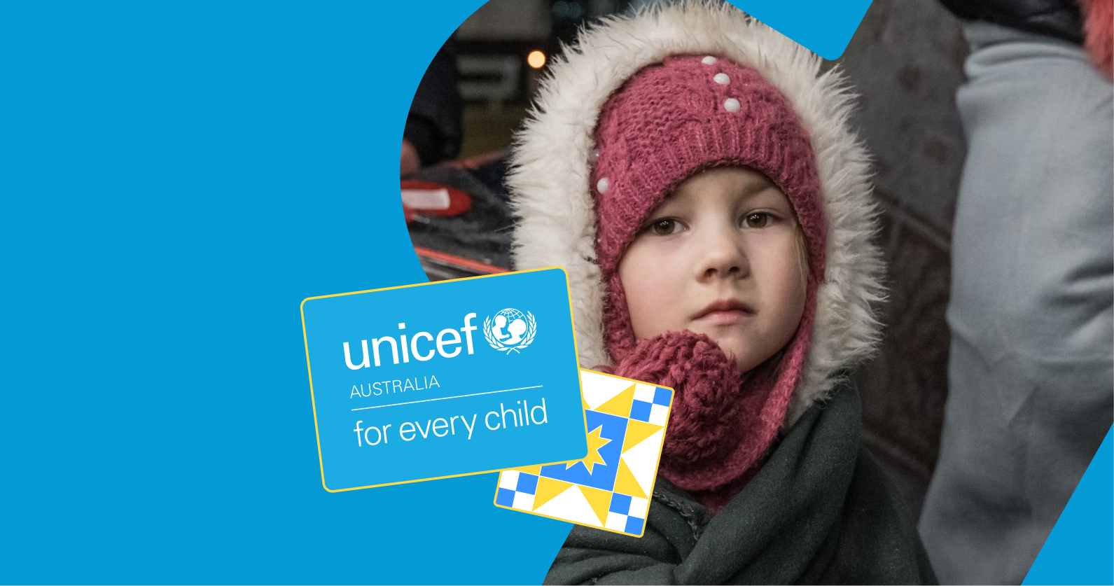 Picture of a child in Ukraine and the UNICEF Australia logo.