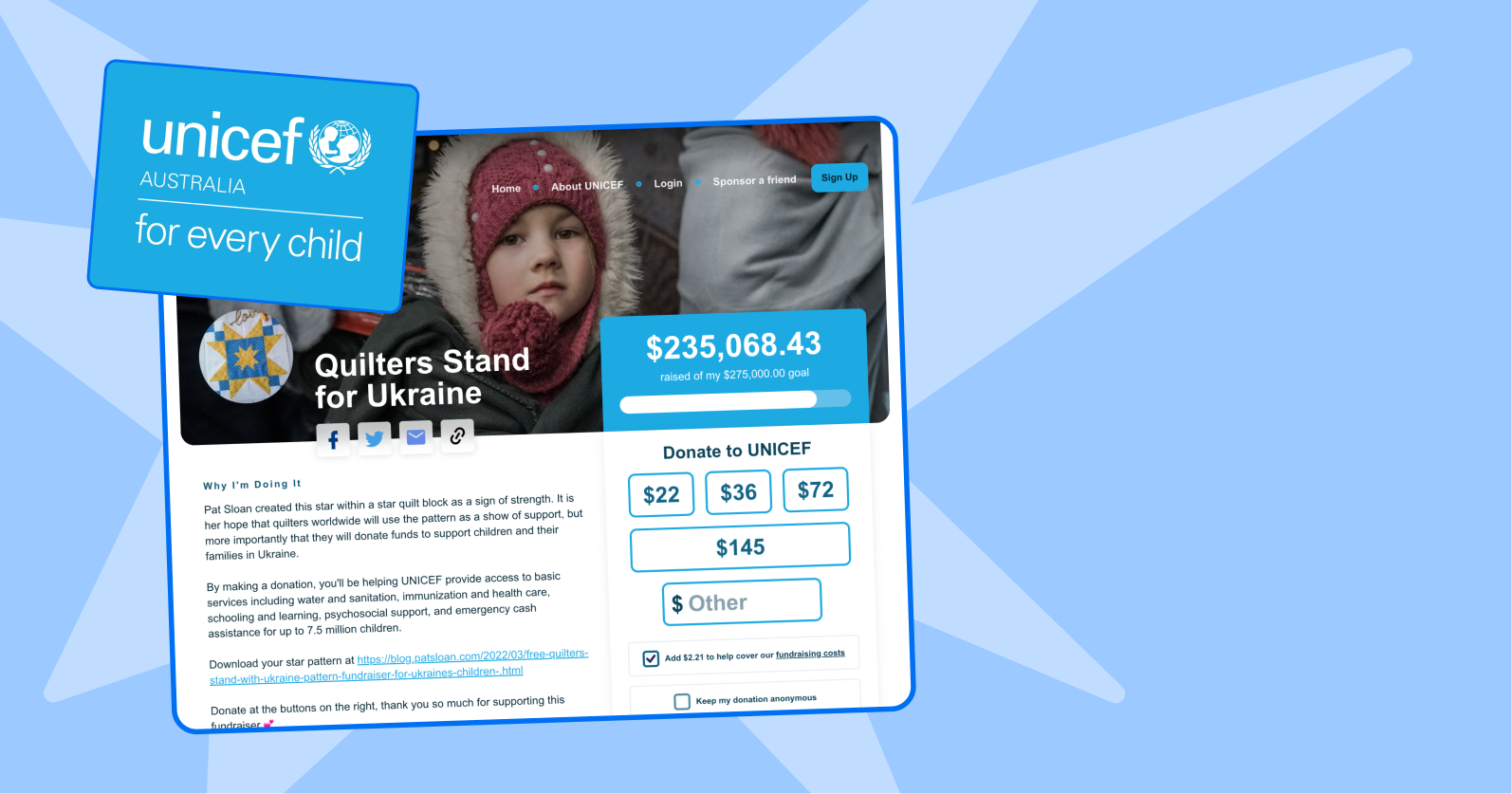 Screenshot of Pat's fundraising page on UNICEF Australia's campaign.