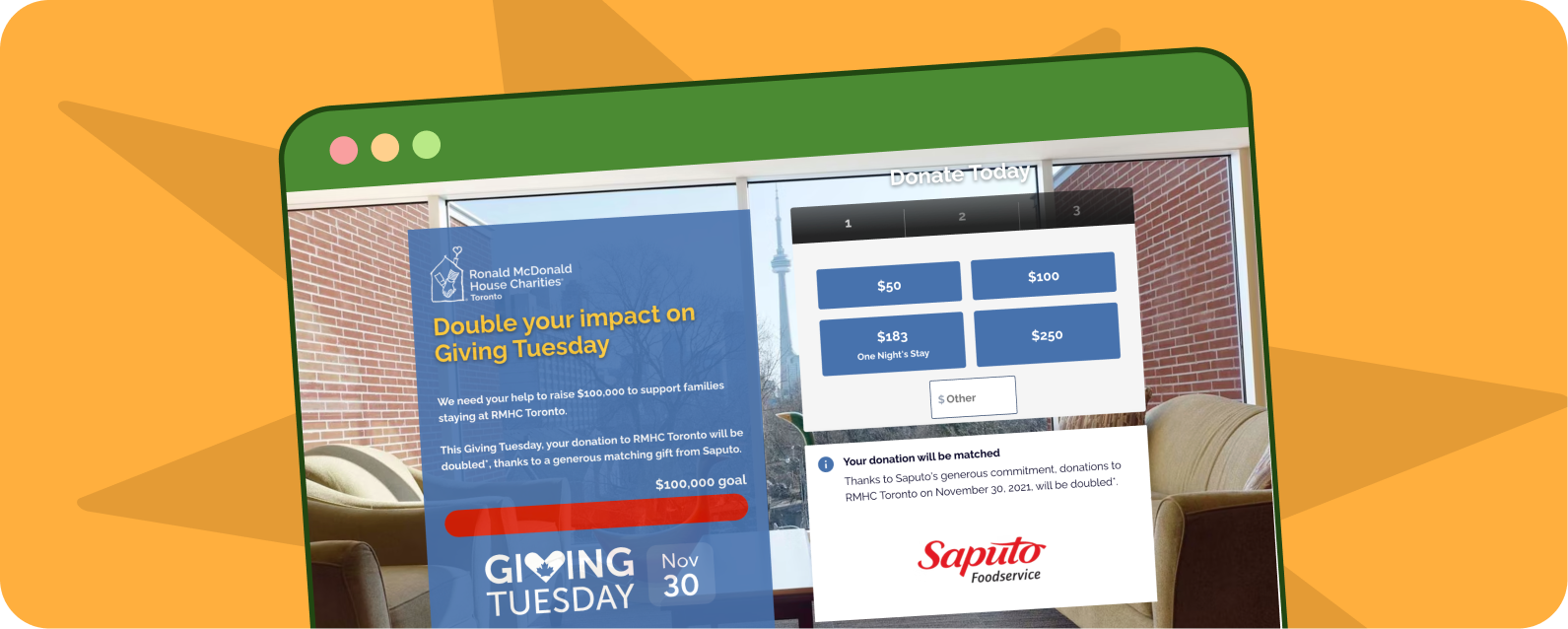 Screenshot of Ronald McDonald House, Toronto, GivingTuesday campaign.