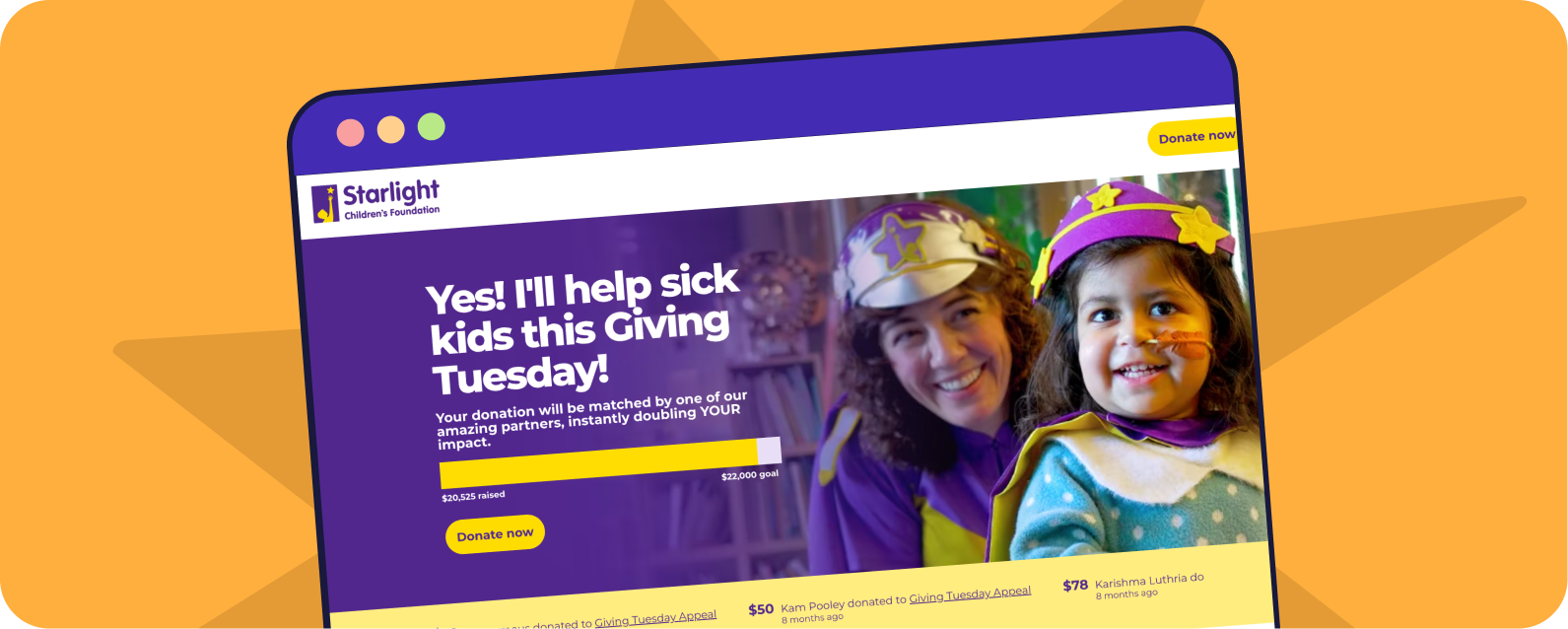 Screenshot of Starlight Children Foundation, Australia, GivingTuesday campaign.
