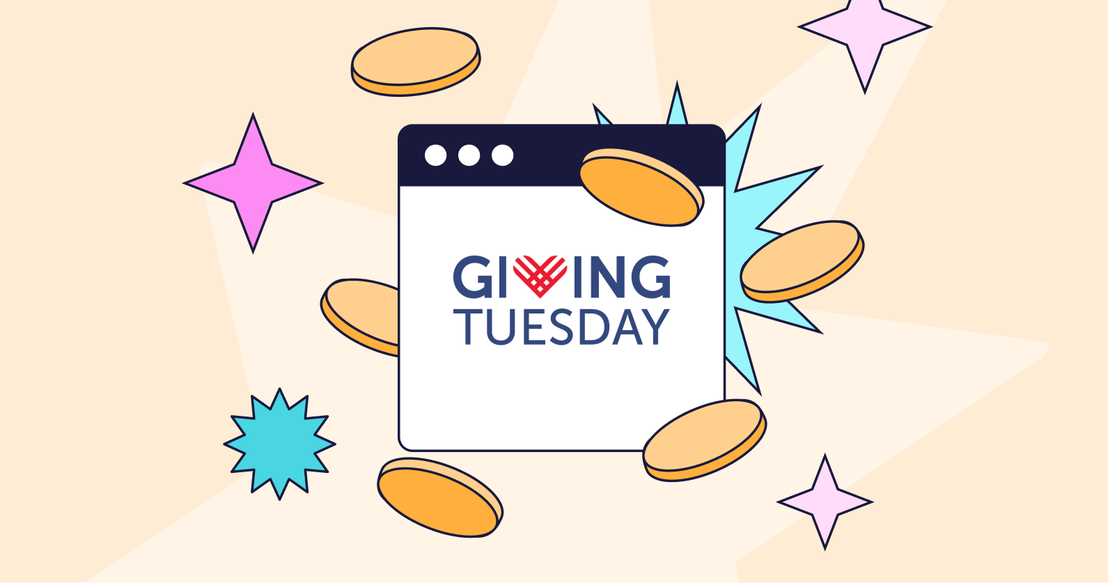 Illustration of a GivingTuesday campaign with coins and stars around it.