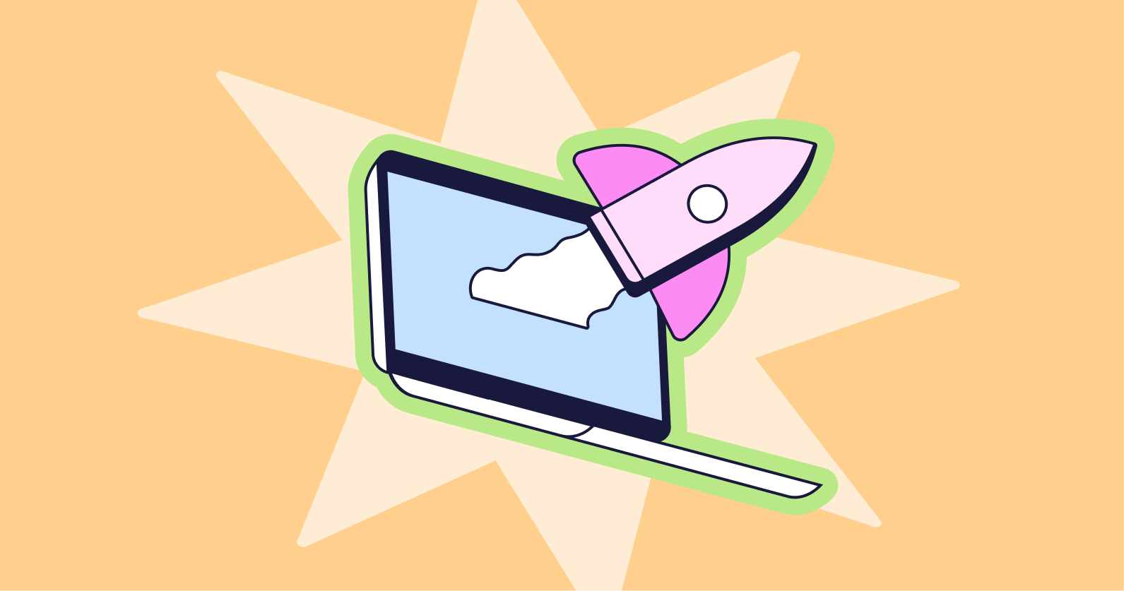 Illustration of a rocket coming out of a laptop.