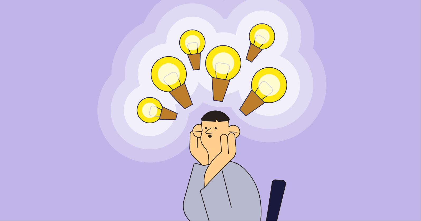 Illustration of a person with a lot of light bulbs above their head to symbolise ideas.