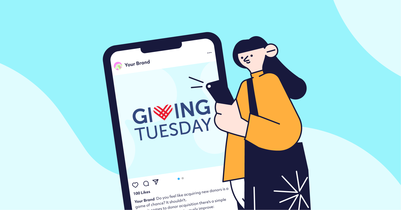 Illustration of a person looking at a GivingTuesday social media post on their phone.
