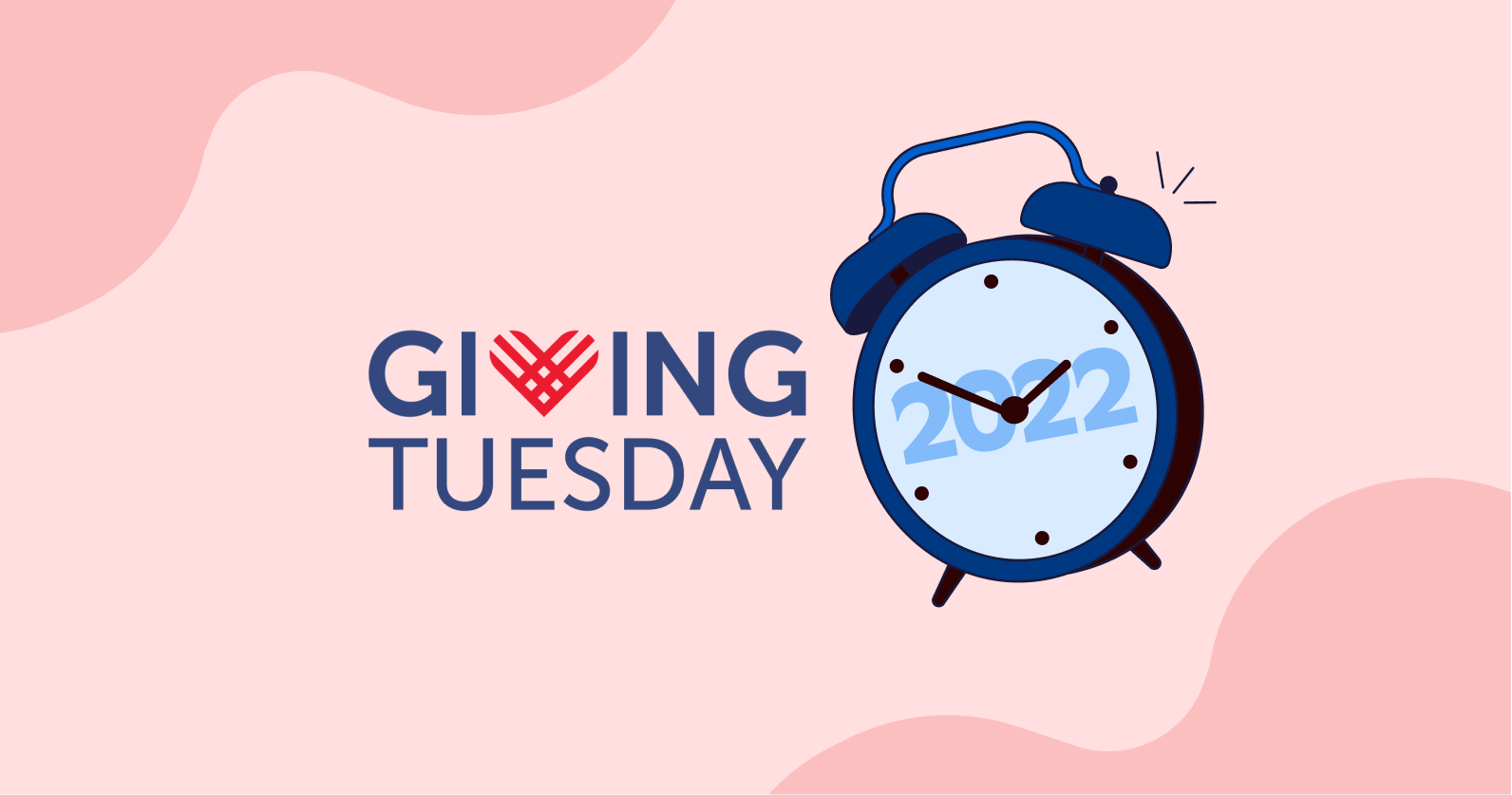 Illustration of the GivingTuesday logo and a clock with 2022 on it sounding an alarm.