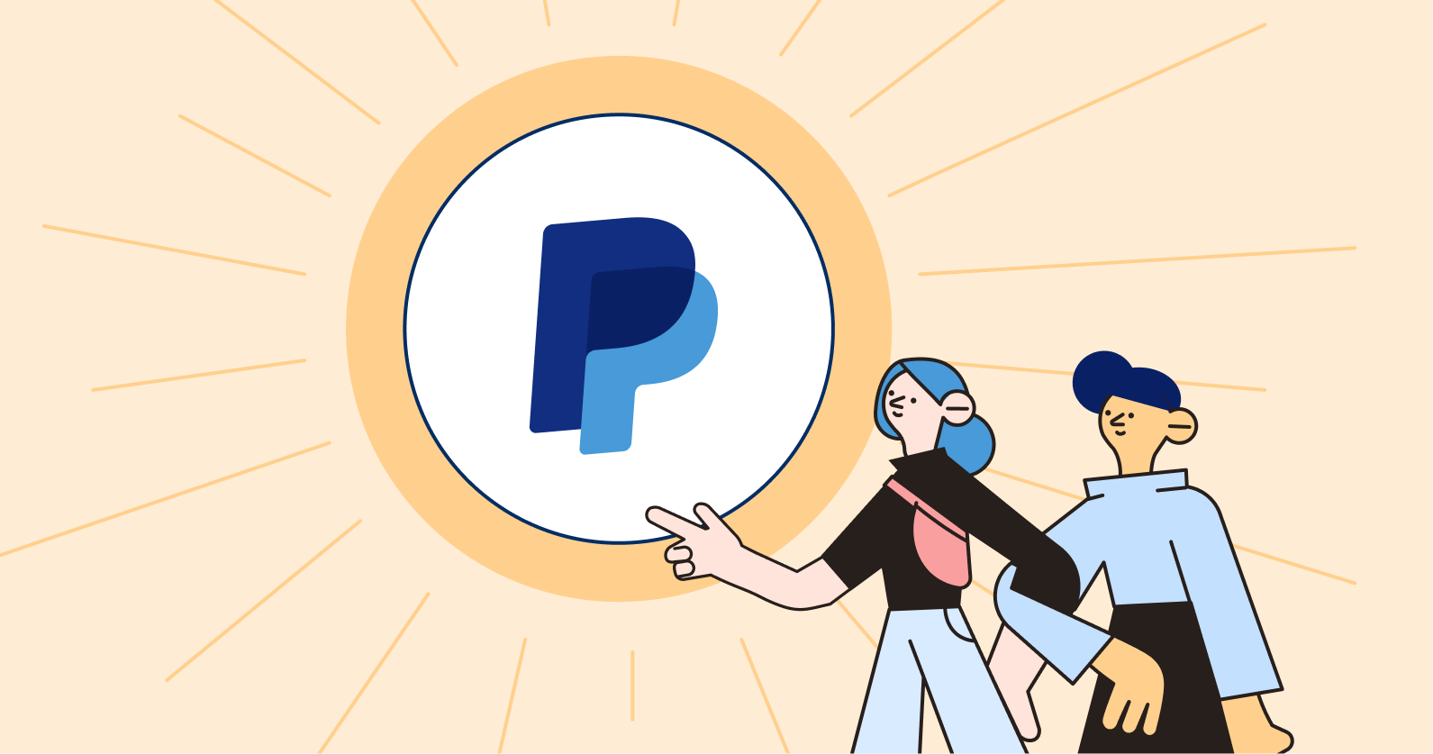 Illustration of two people linking arms, pointing to a PayPal logo.
