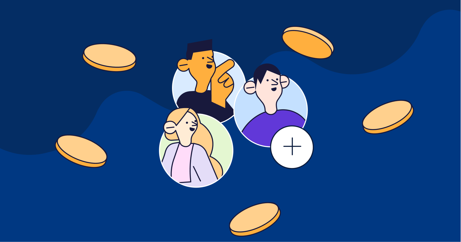 Illustration of people looking at coins falling.