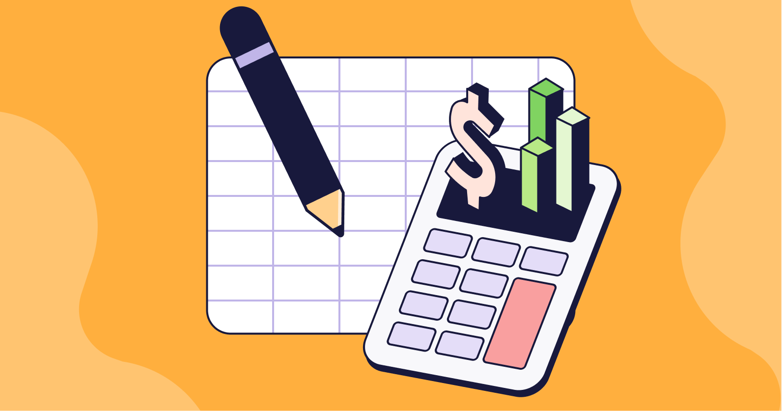 Illustration of a calculator, pencil and notepad.