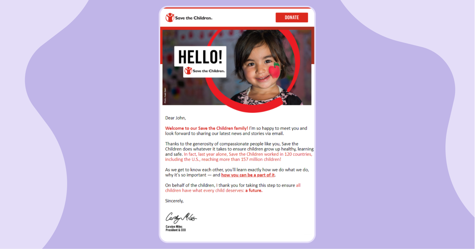 Example of a personalised emailed from charity, Save the Children.