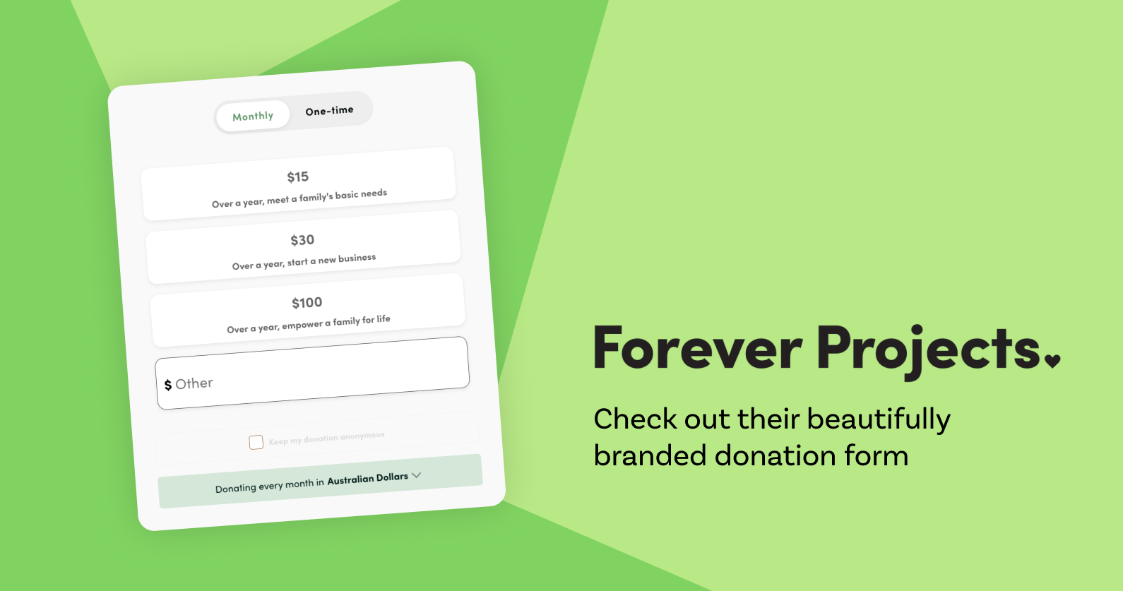 Screenshot of a Raisely donation form on Forever Projects' website.
