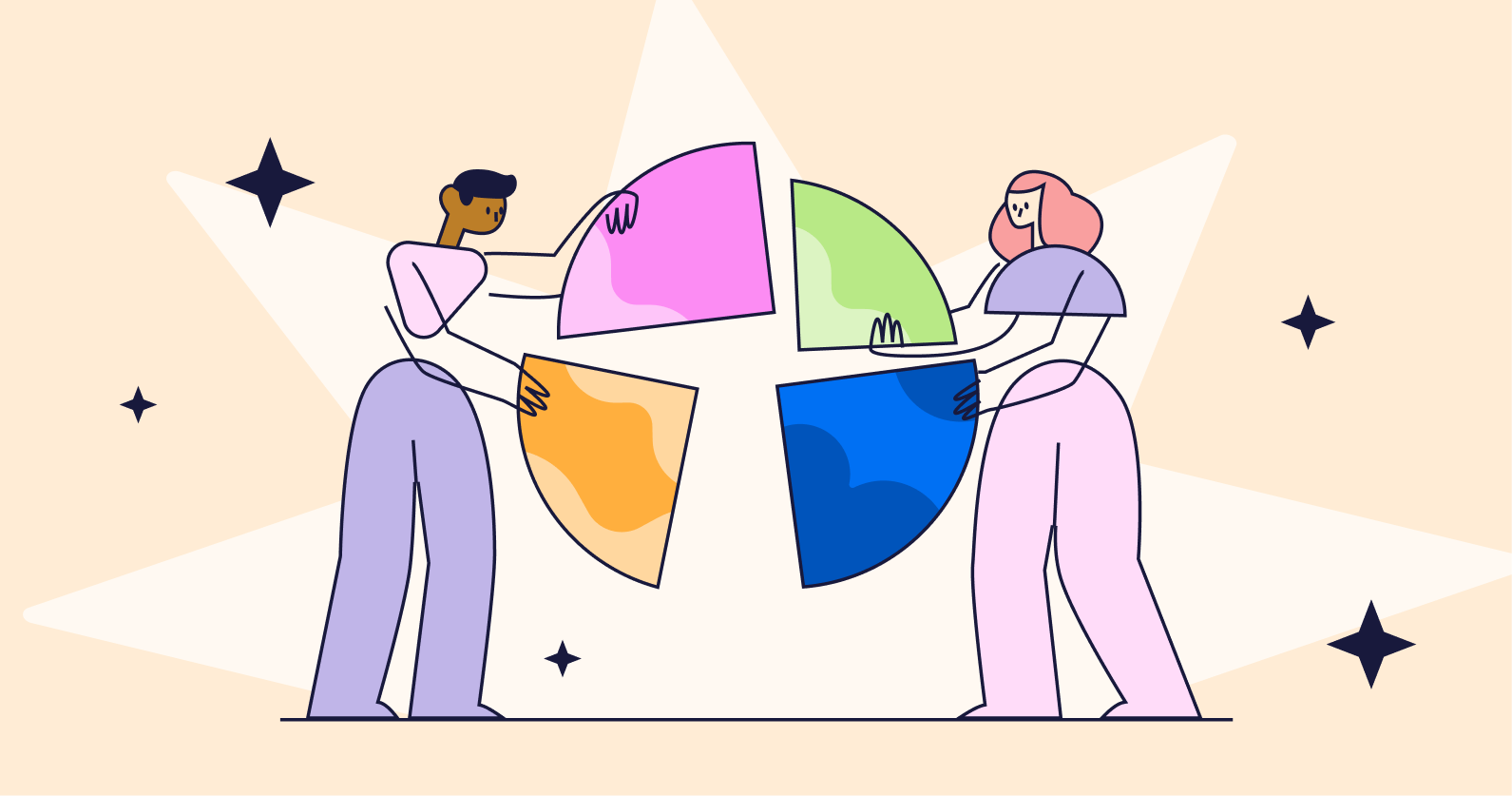 Illustration of two people putting puzzle pieces together.