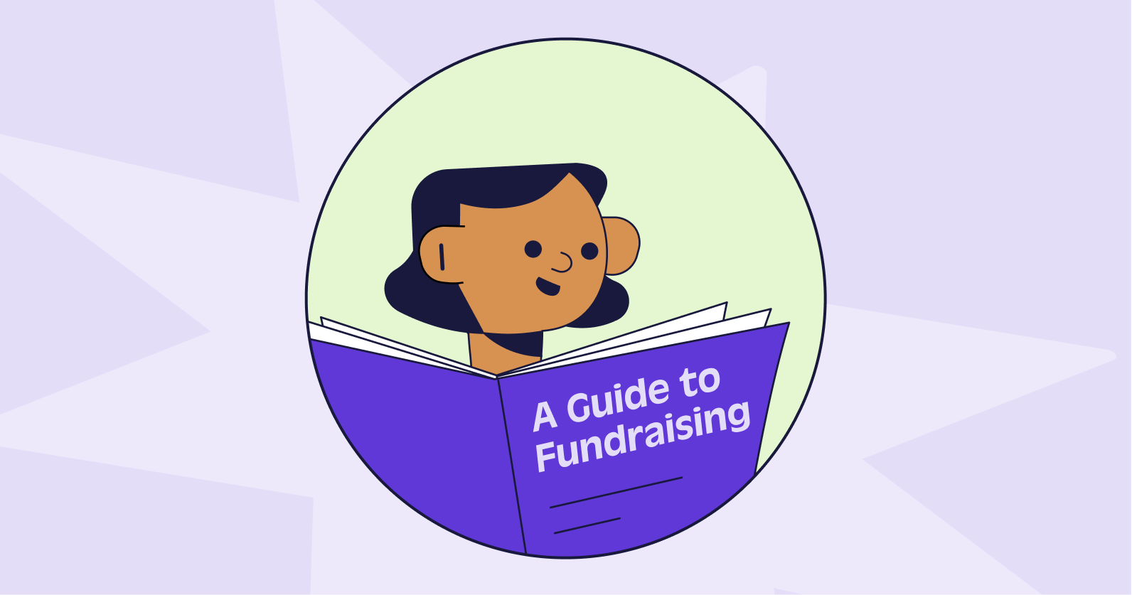 Illustration of a person reading a book titled "A Guide to Fundraising".