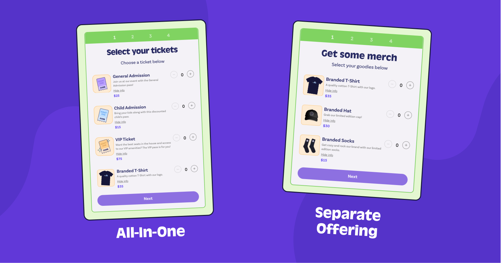 Screenshot of the difference between an all-in-one and separate offering of ticketing on Raisely.