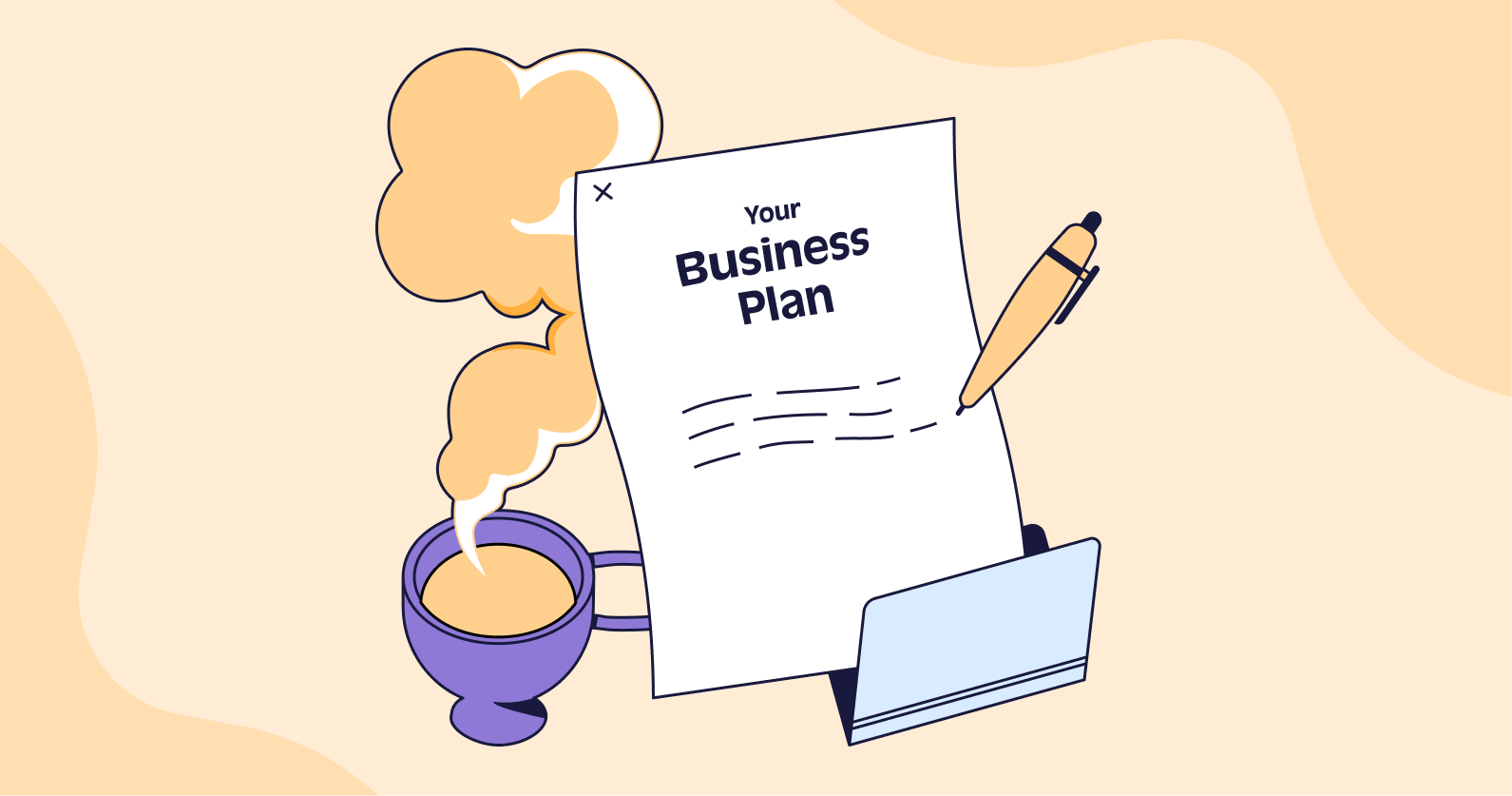 Illustration of a coffee, a piece of paper with a business plan on it and a pen.