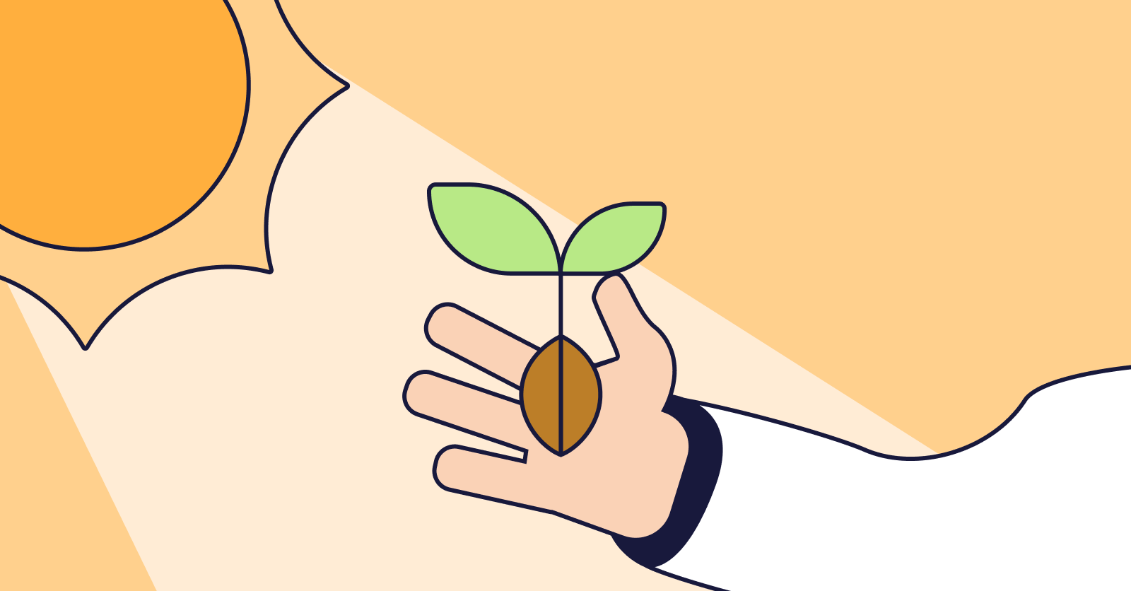 Illustration of a person holding a seed to plant with the sun shining.