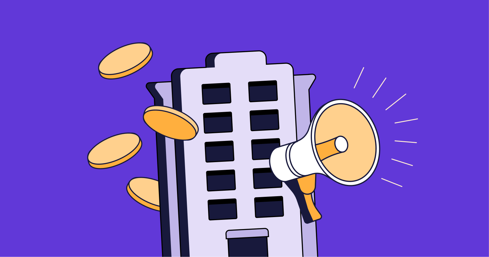 Illustration of a building with coins falling and a megaphone. 