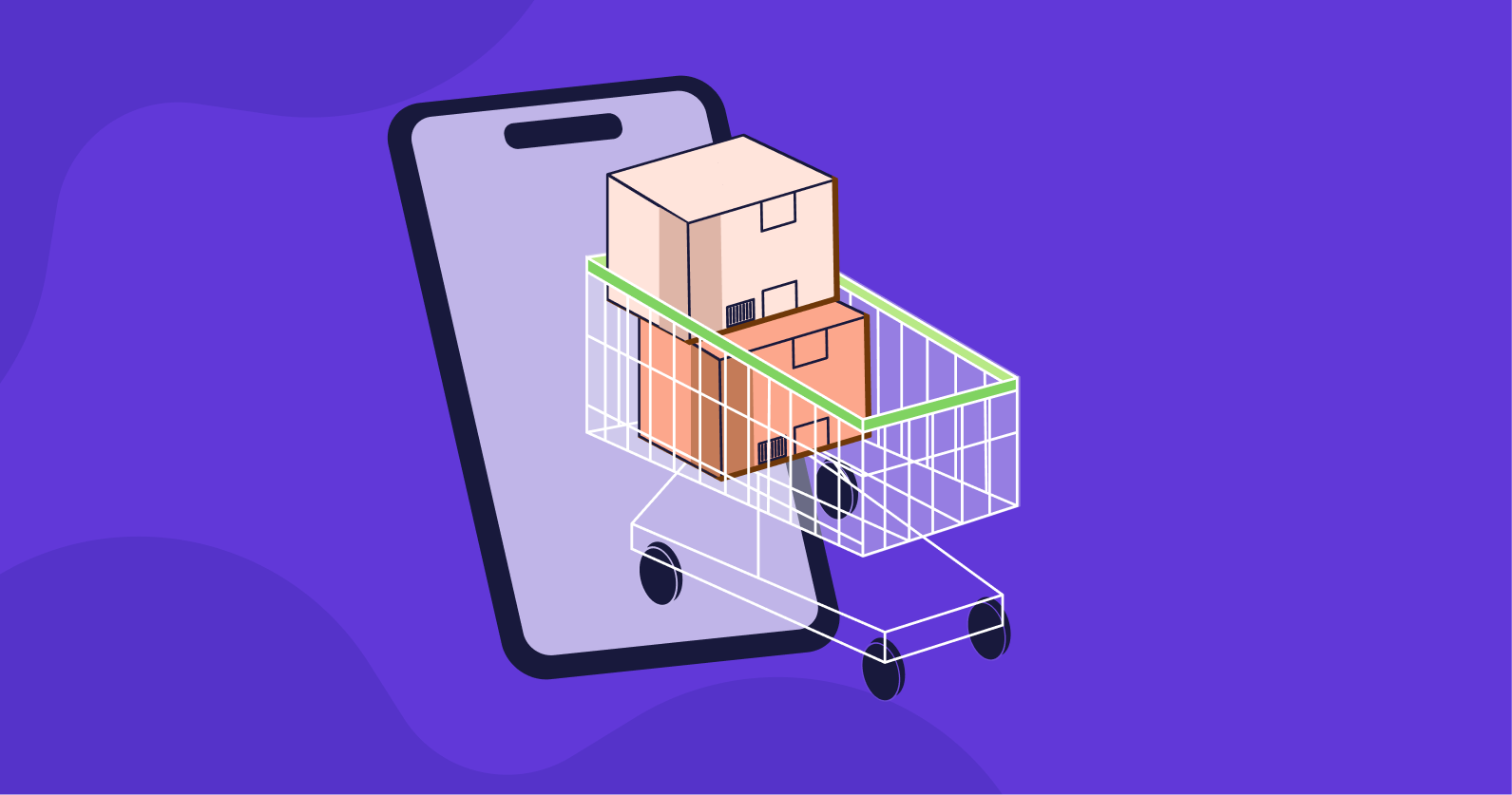 Illustration of a shopping trolly with packages in it and a mobile phone behind it.