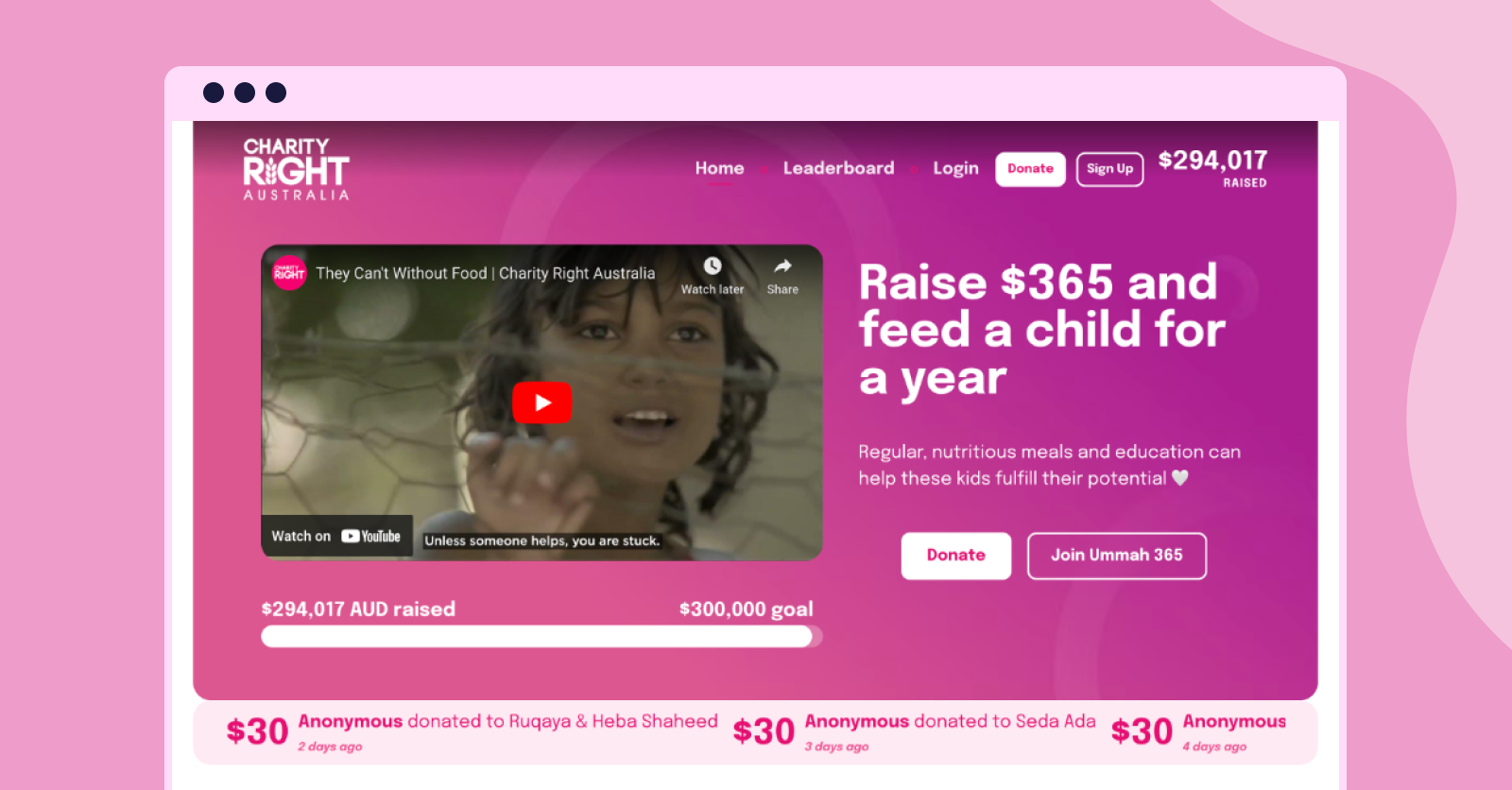 Screenshot of Charity Right's peer-to-peer campaign Ummah 365.