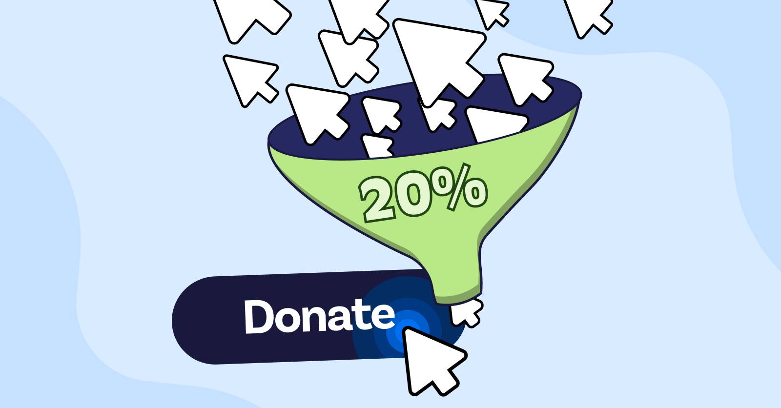 Illustration of a funnel with 20% written on it and a computer mouse clicking on a donate button.