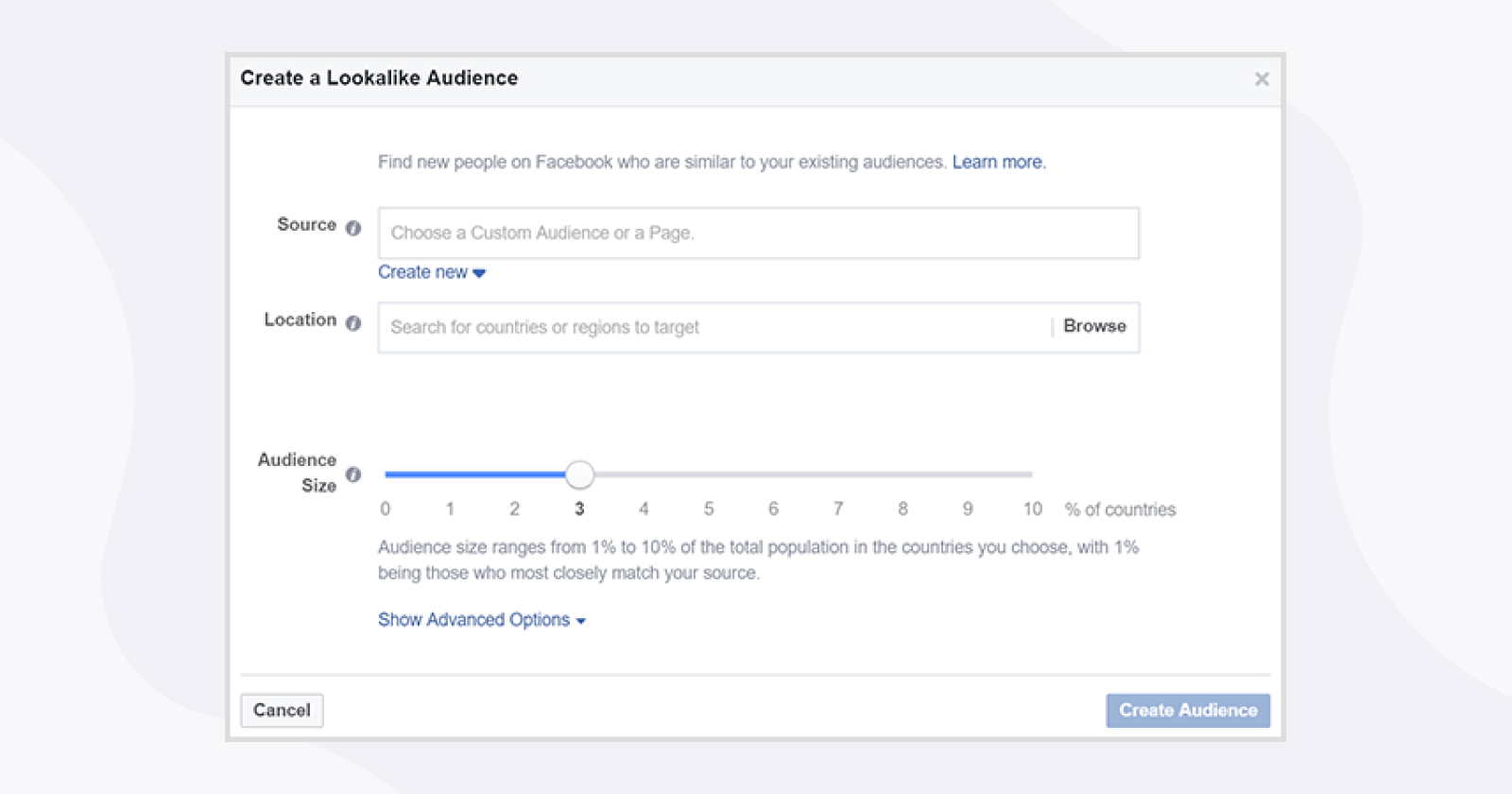 Screenshot of how to create a lookalike audience for a Facebook Ad.