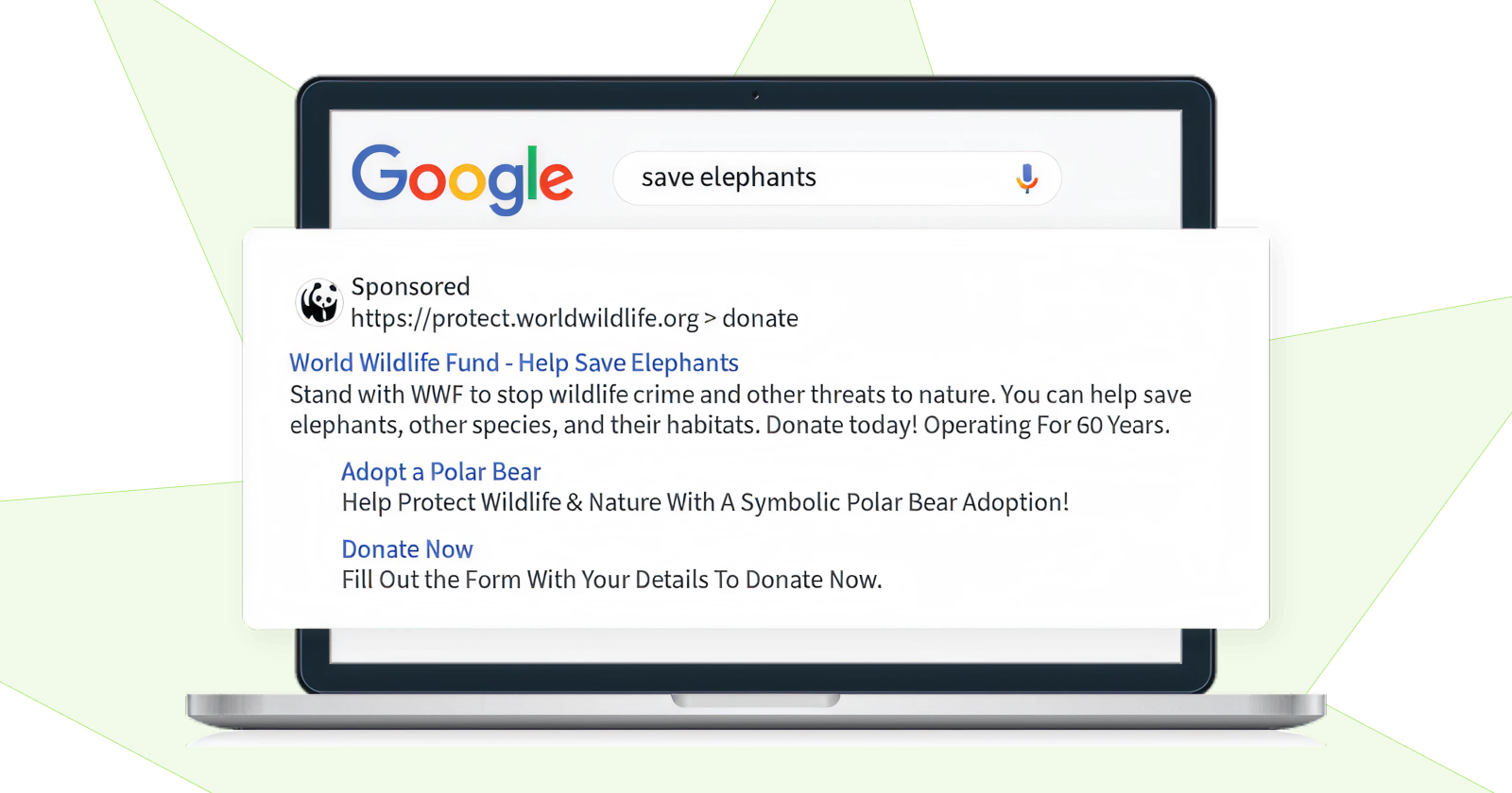 A Google Ad by WWF that promotes its elephant rescue efforts, polar bear adoption program, and donation form.