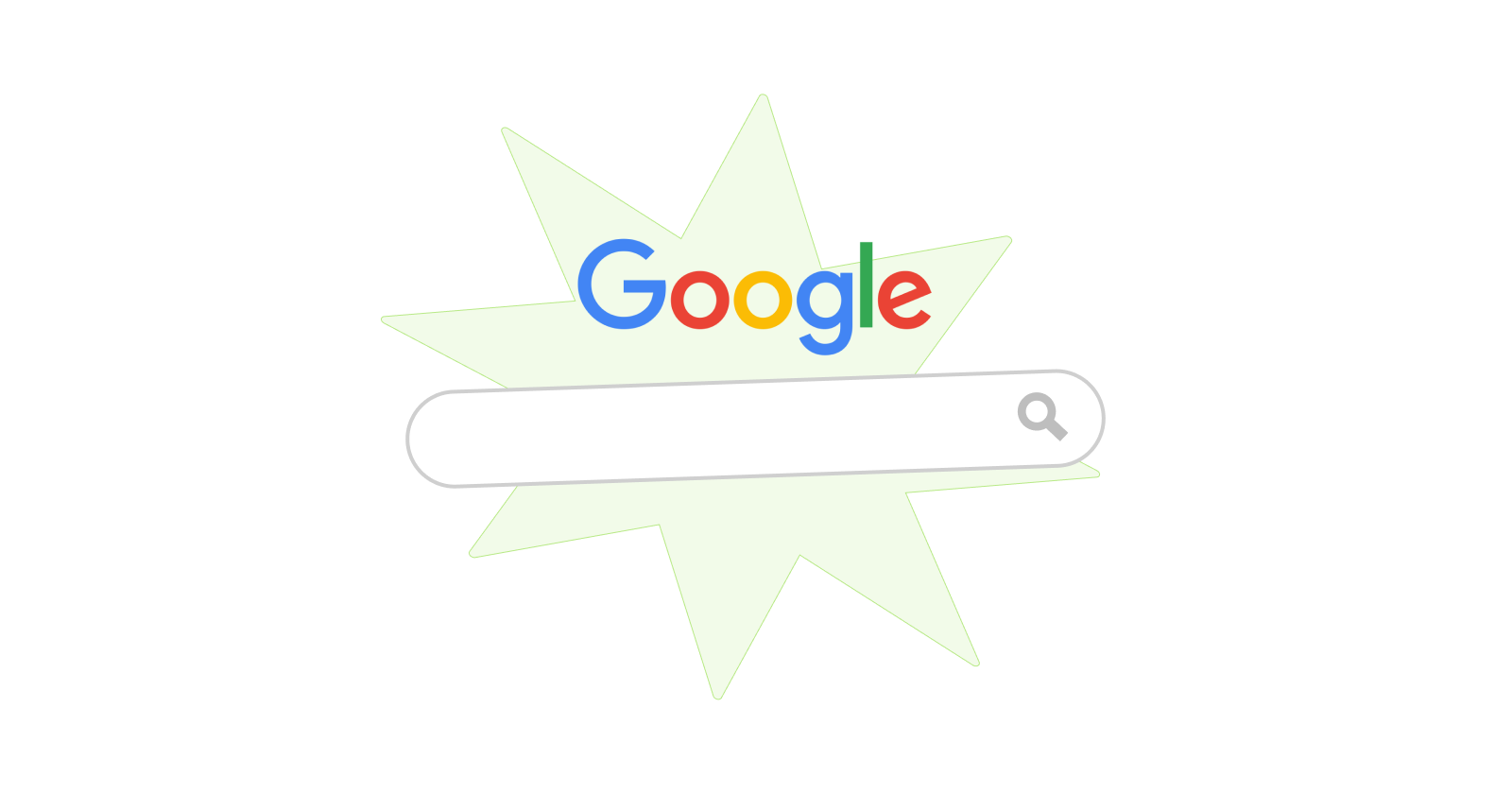 Google logo above a search bar on a white background with a green burst shape, representing online search and SEO visibility.