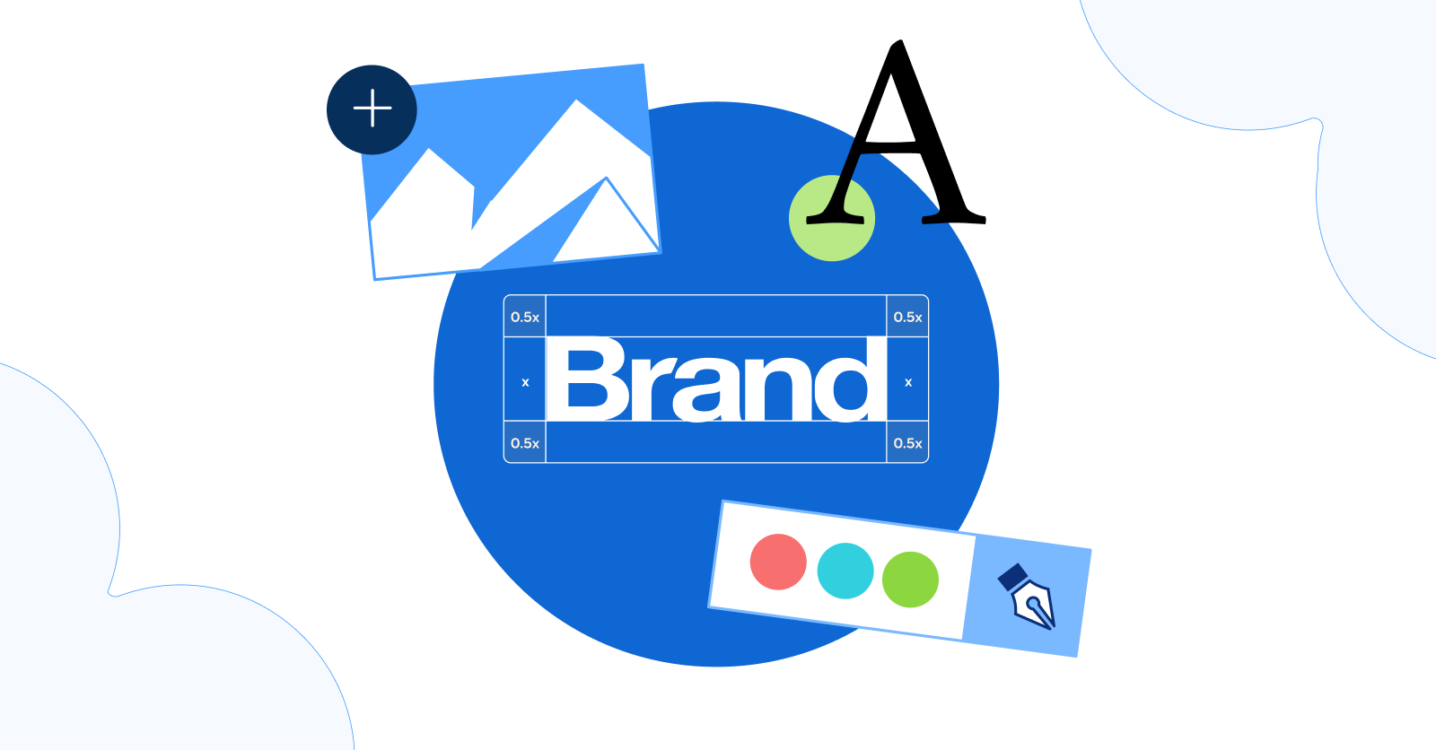 Illustration of branding elements including a photo icon, font size symbol, colour palette, and the word ‘Brand’.
