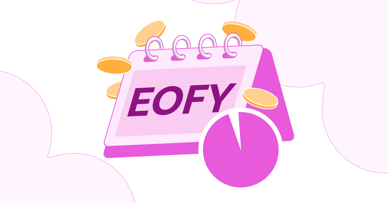 Illustration of a pink calendar labeled "EOFY" with gold coins and a pie chart.