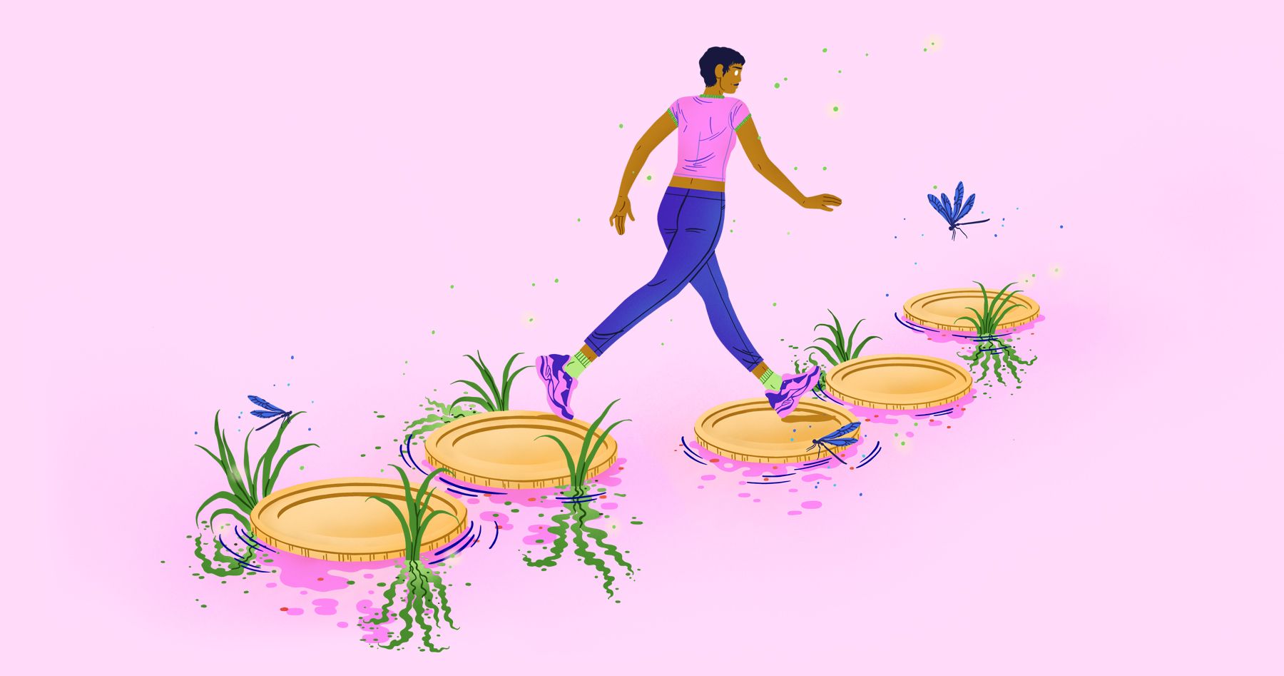 Illustration by Jessica Meyrick of a person stepping on gold coins on water.