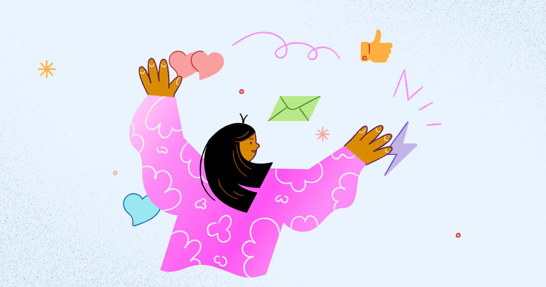 Illustration of a person with arms raised and icons such as hearts, envelope and a thumbs up around them.